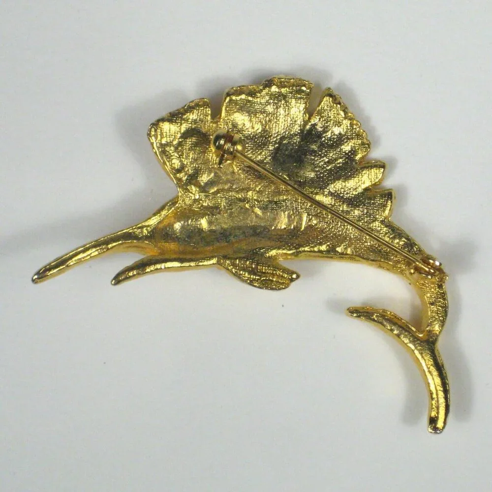 Swordfish Jewelry Brooch Pin 2 Inch Goldtone Fish Sea Ocean Enamel Orange
